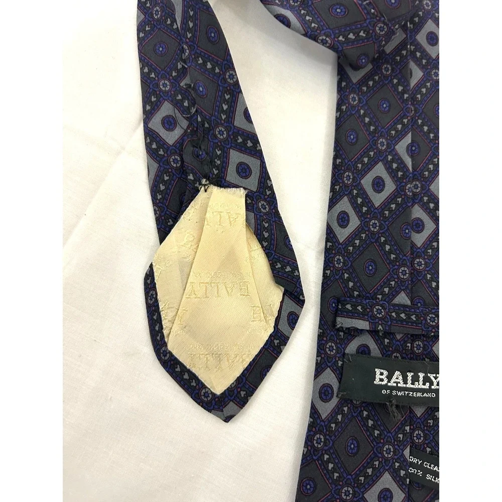 BALLY Silk Mens Blue  Skinny Tie Geometric Pattern Imported 58